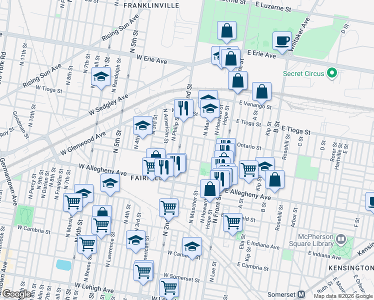 map of restaurants, bars, coffee shops, grocery stores, and more near 3325 North Palethorp Street in Philadelphia