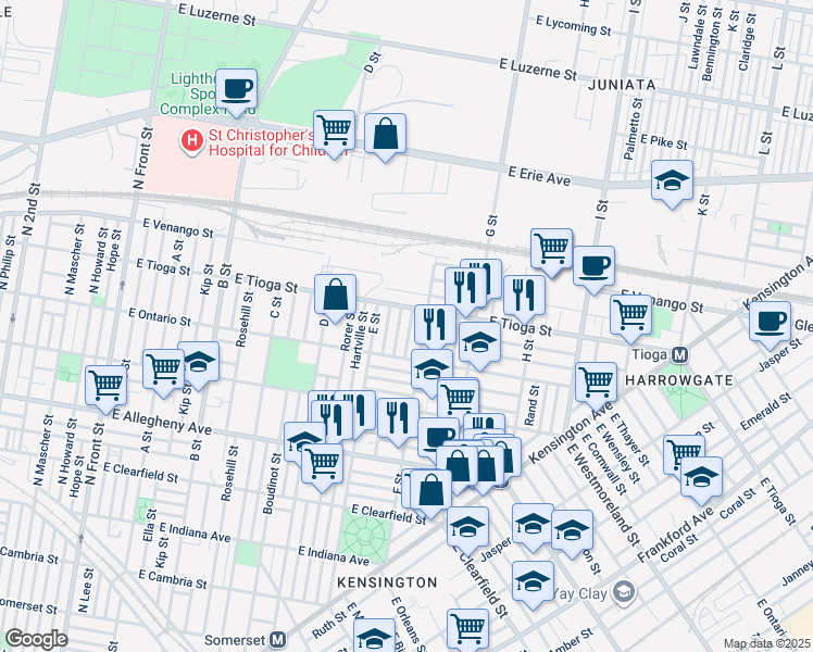 map of restaurants, bars, coffee shops, grocery stores, and more near 3446 Keim Street in Philadelphia