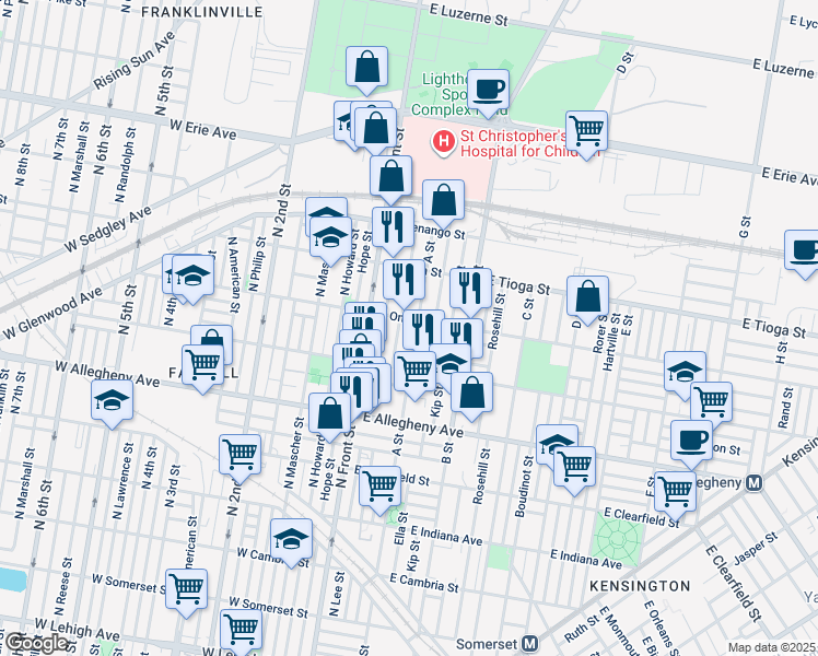 map of restaurants, bars, coffee shops, grocery stores, and more near 3362 A St in Philadelphia