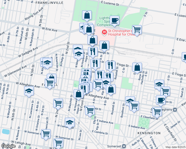 map of restaurants, bars, coffee shops, grocery stores, and more near 3346 North Water Street in Philadelphia