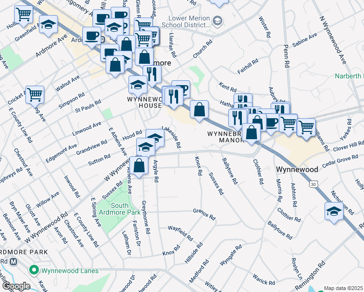 map of restaurants, bars, coffee shops, grocery stores, and more near 1219 West Wynnewood Road in Wynnewood