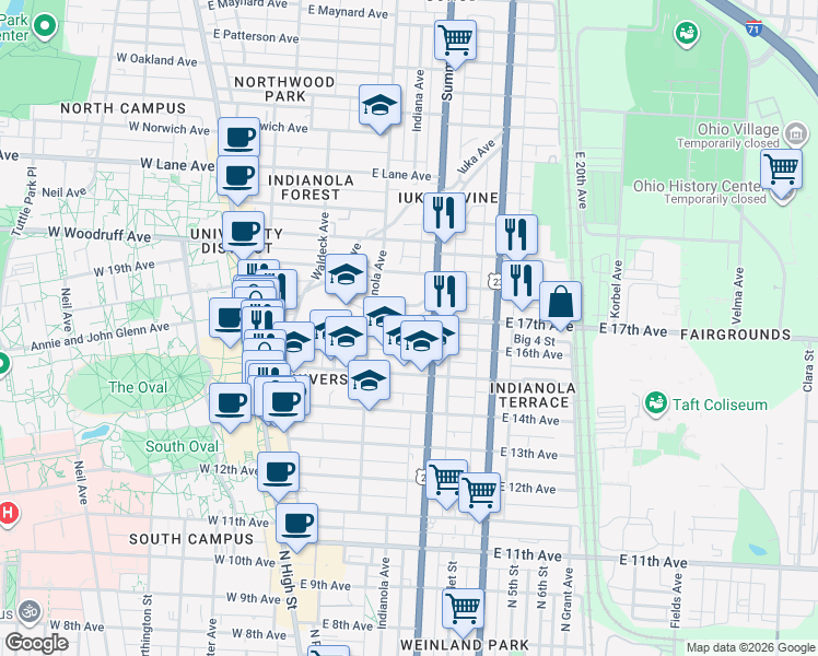 map of restaurants, bars, coffee shops, grocery stores, and more near 201 East 16th Avenue in Columbus