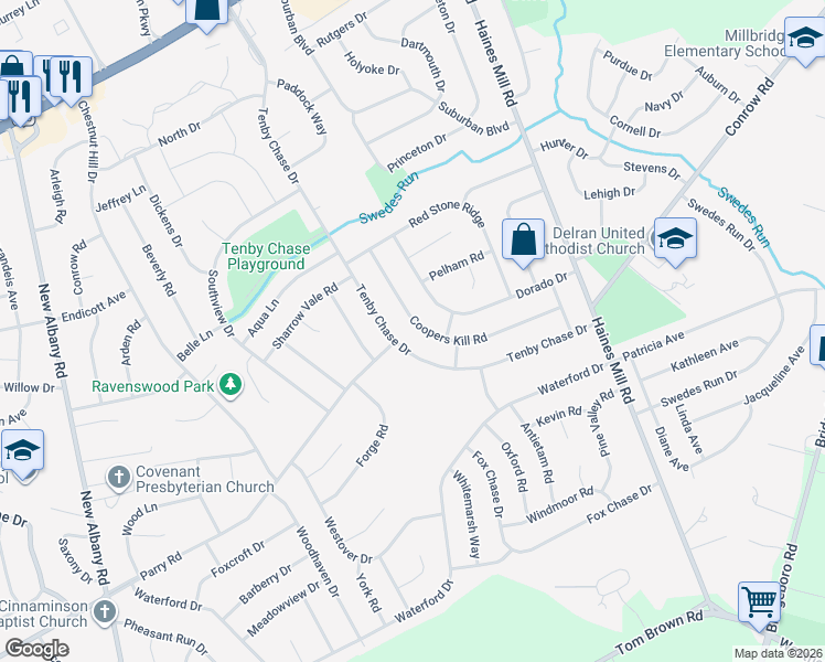 map of restaurants, bars, coffee shops, grocery stores, and more near 292 Tenby Chase Drive in Delran