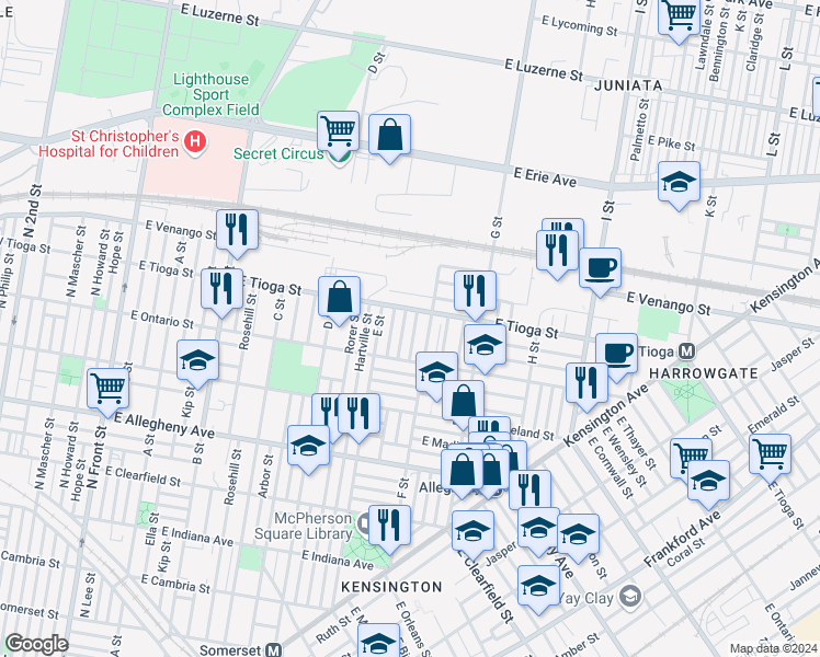 map of restaurants, bars, coffee shops, grocery stores, and more near 3446 Keim Street in Philadelphia
