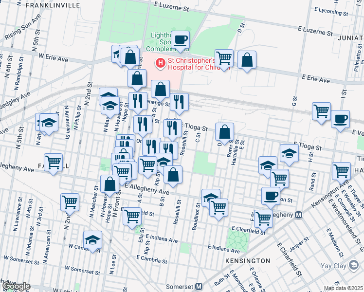 map of restaurants, bars, coffee shops, grocery stores, and more near 323 East Ontario Street in Philadelphia