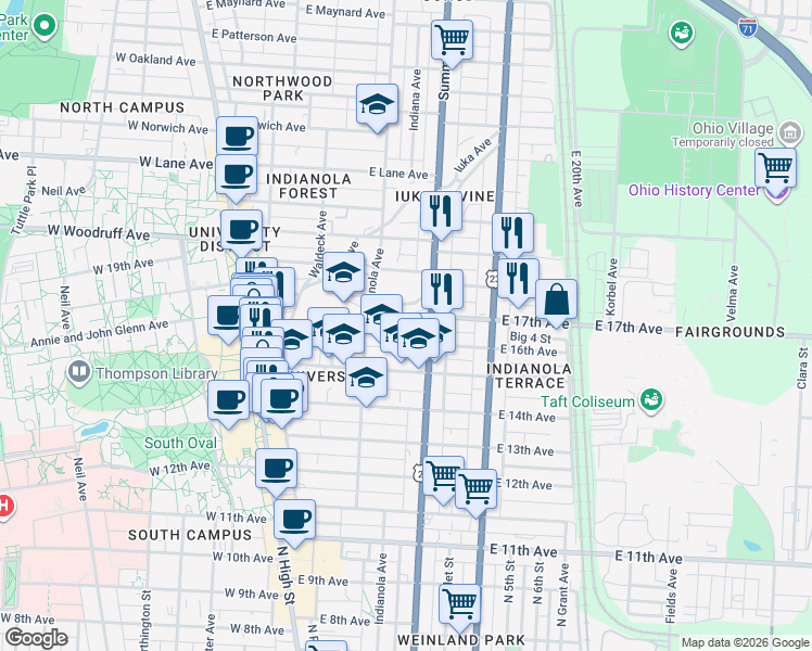 map of restaurants, bars, coffee shops, grocery stores, and more near 226 East 16th Avenue in Columbus