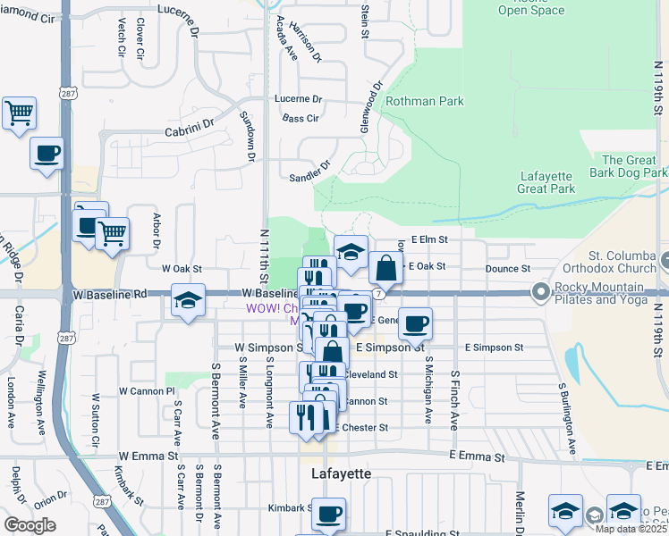 map of restaurants, bars, coffee shops, grocery stores, and more near 101 East Baseline Road in Lafayette