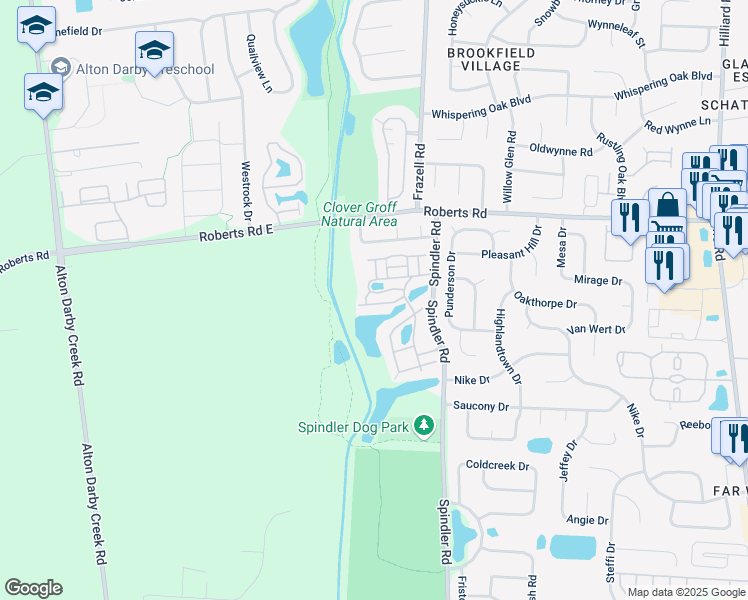 map of restaurants, bars, coffee shops, grocery stores, and more near 5993 Mill Bridge Drive in Hilliard