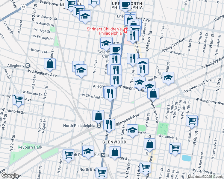 map of restaurants, bars, coffee shops, grocery stores, and more near 3117 North Broad Street in Philadelphia