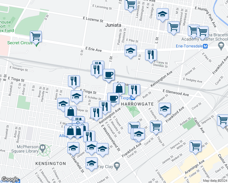 map of restaurants, bars, coffee shops, grocery stores, and more near 1028 East Atlantic Street in Philadelphia