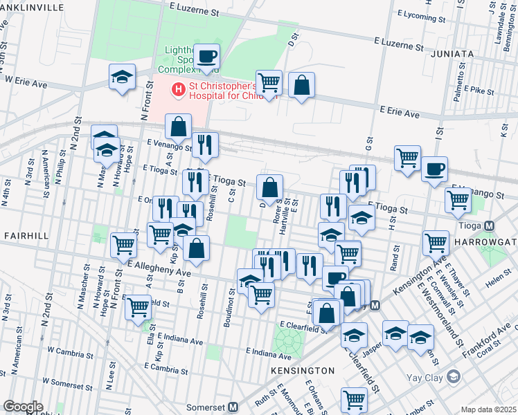 map of restaurants, bars, coffee shops, grocery stores, and more near 3420 D Street in Philadelphia