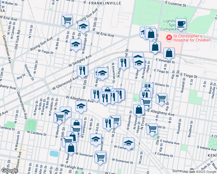 map of restaurants, bars, coffee shops, grocery stores, and more near 260 West Cornwall Street in Philadelphia