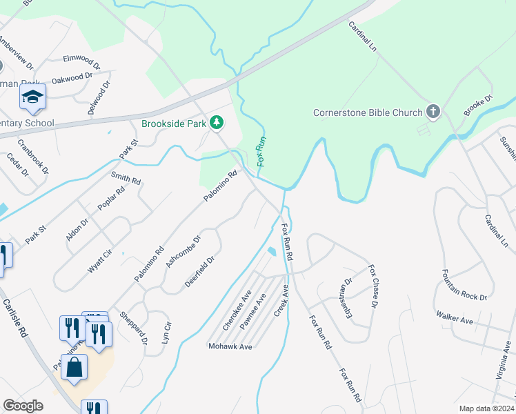 map of restaurants, bars, coffee shops, grocery stores, and more near 1712 Boxwood Court in Dover