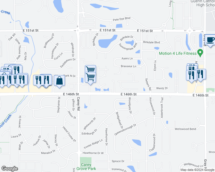 map of restaurants, bars, coffee shops, grocery stores, and more near 3629 Eaglewood Court in Carmel