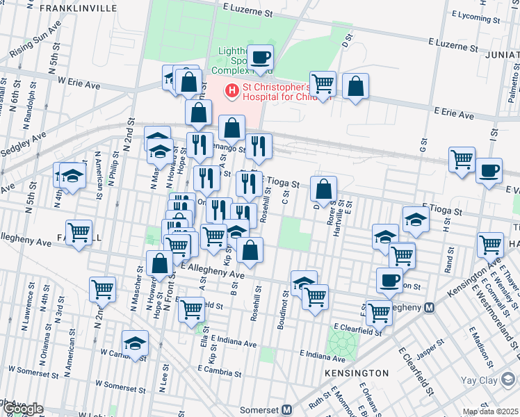map of restaurants, bars, coffee shops, grocery stores, and more near 317 East Ontario Street in Philadelphia