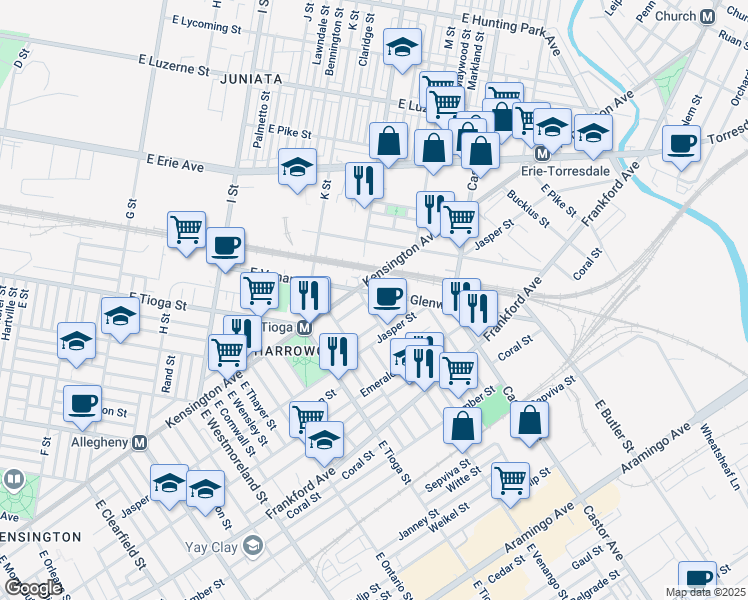 map of restaurants, bars, coffee shops, grocery stores, and more near 1817 East Venango Street in Philadelphia