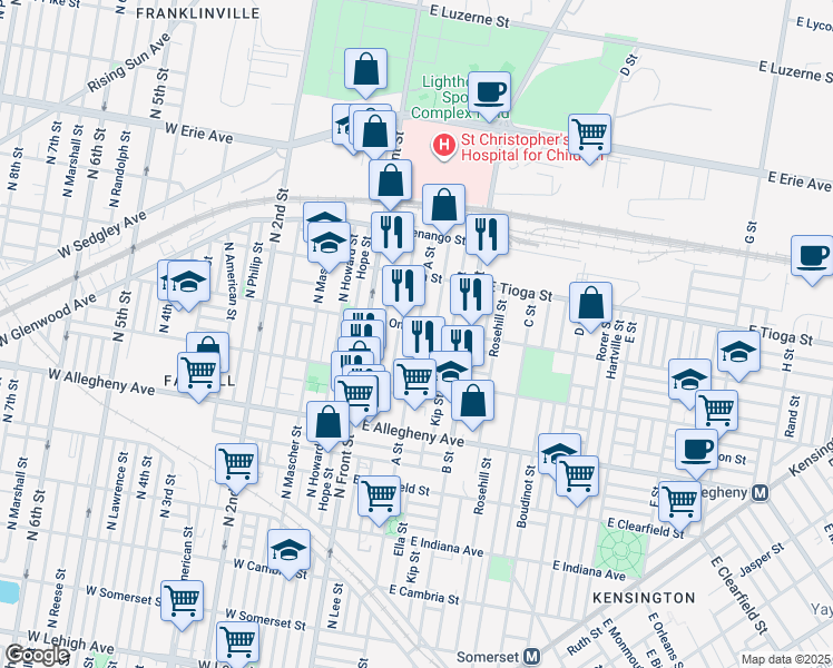 map of restaurants, bars, coffee shops, grocery stores, and more near 3362 A St in Philadelphia