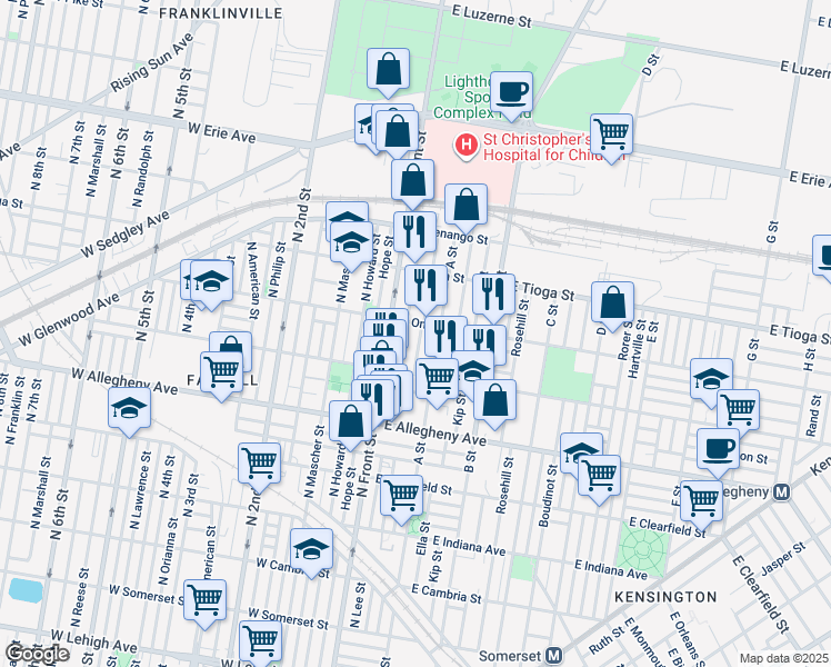 map of restaurants, bars, coffee shops, grocery stores, and more near 3348 North Water Street in Philadelphia