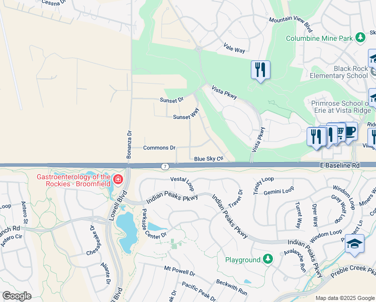 map of restaurants, bars, coffee shops, grocery stores, and more near 1465 Blue sky Circle in Erie