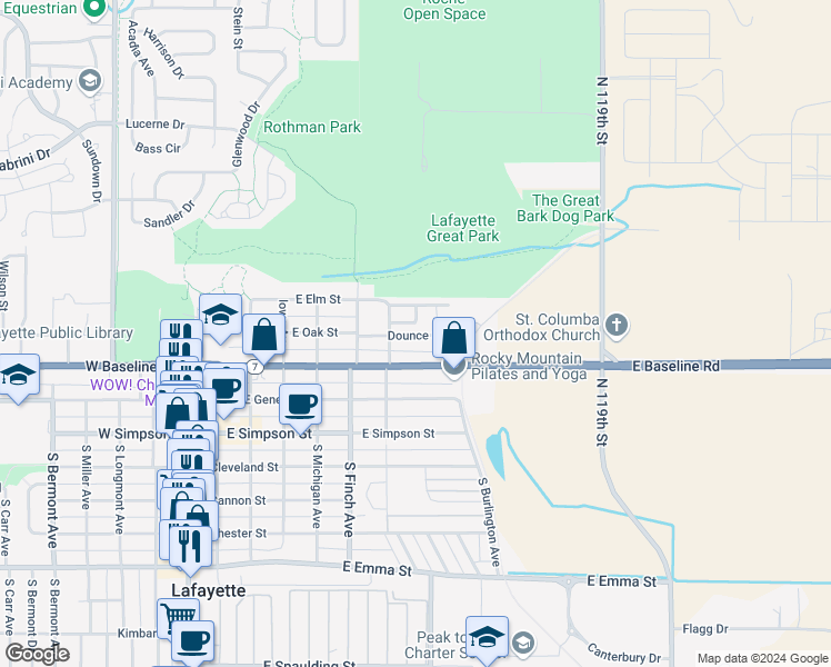 map of restaurants, bars, coffee shops, grocery stores, and more near 801 East Baseline Road in Lafayette