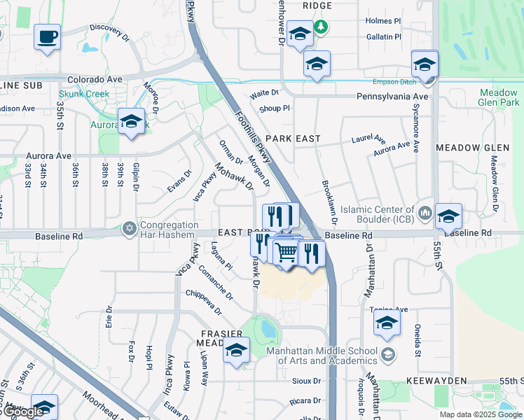 map of restaurants, bars, coffee shops, grocery stores, and more near 4705 Baseline Road in Boulder