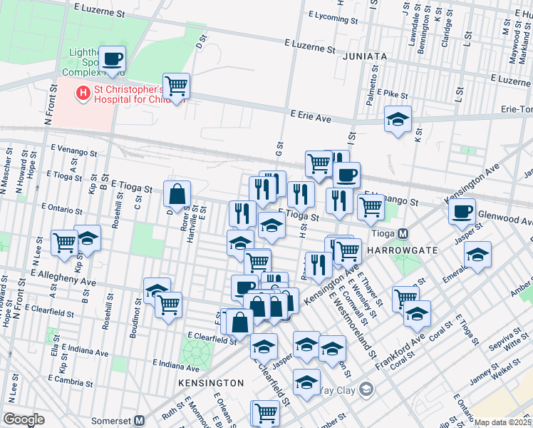 map of restaurants, bars, coffee shops, grocery stores, and more near 752 East Tioga Street in Philadelphia