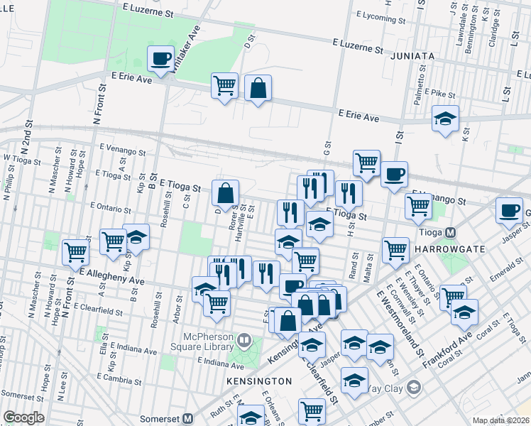 map of restaurants, bars, coffee shops, grocery stores, and more near 3413 Keim Street in Philadelphia