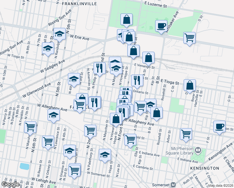 map of restaurants, bars, coffee shops, grocery stores, and more near 3304 Waterloo Street in Philadelphia
