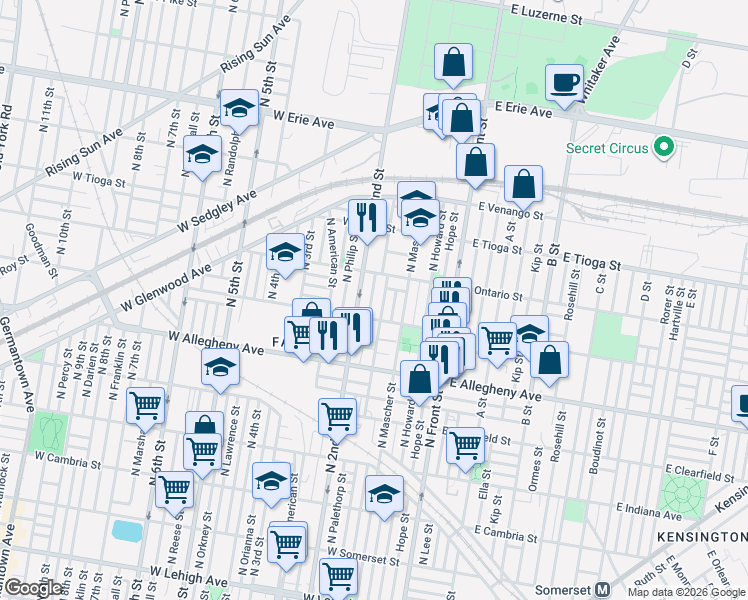 map of restaurants, bars, coffee shops, grocery stores, and more near 3300 North Hancock Street in Philadelphia