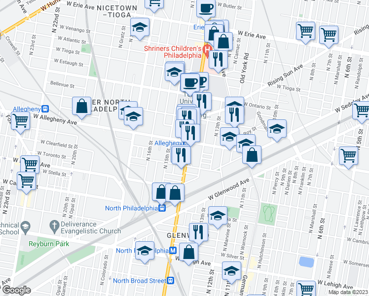 map of restaurants, bars, coffee shops, grocery stores, and more near 3117 North Broad Street in Philadelphia