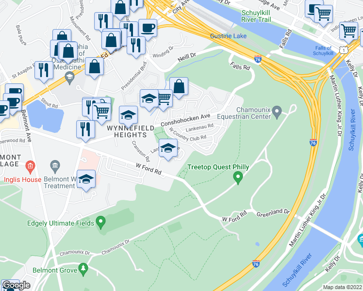 map of restaurants, bars, coffee shops, grocery stores, and more near 3917 Ellington Road in Philadelphia