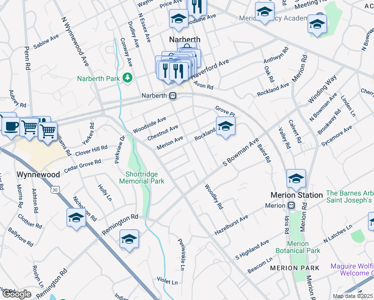 map of restaurants, bars, coffee shops, grocery stores, and more near 518 Valley-View Road in Merion Station