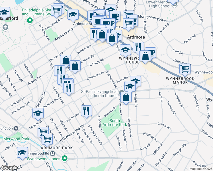 map of restaurants, bars, coffee shops, grocery stores, and more near 115 Sutton Road in Ardmore