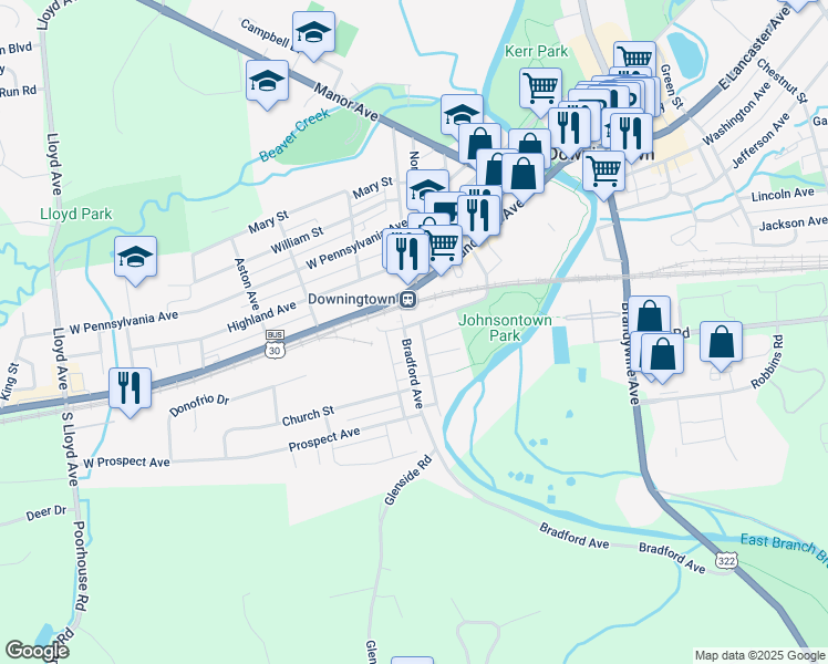 map of restaurants, bars, coffee shops, grocery stores, and more near 120 Bradford Avenue in Downingtown