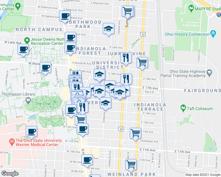 map of restaurants, bars, coffee shops, grocery stores, and more near 201 East 16th Avenue in Columbus