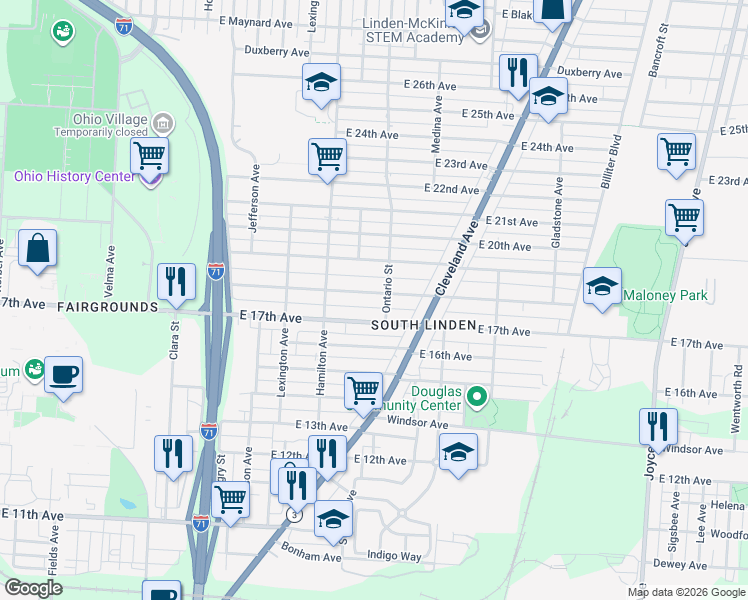 map of restaurants, bars, coffee shops, grocery stores, and more near 1119 East 18th Avenue in Columbus