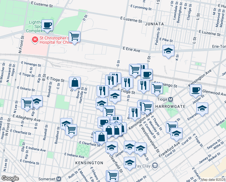 map of restaurants, bars, coffee shops, grocery stores, and more near 752 East Tioga Street in Philadelphia