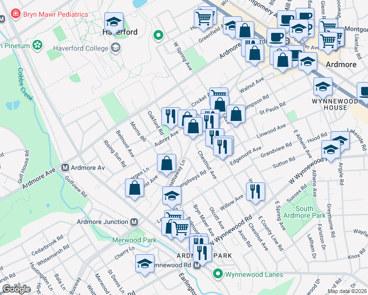 map of restaurants, bars, coffee shops, grocery stores, and more near 2733 Saint Marys Road in Ardmore