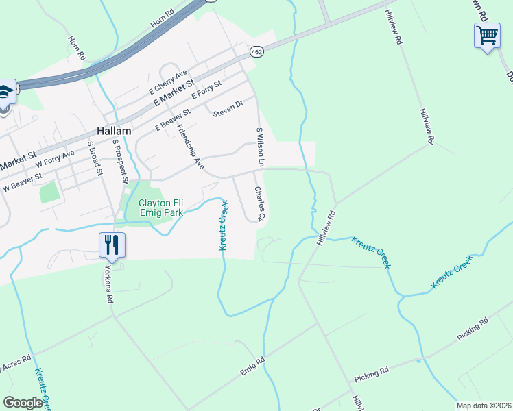 map of restaurants, bars, coffee shops, grocery stores, and more near 310 Charles Circle in Hallam