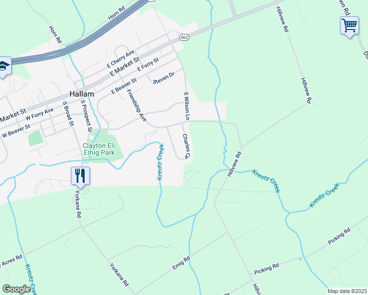 map of restaurants, bars, coffee shops, grocery stores, and more near 225 Charles Circle in Hallam