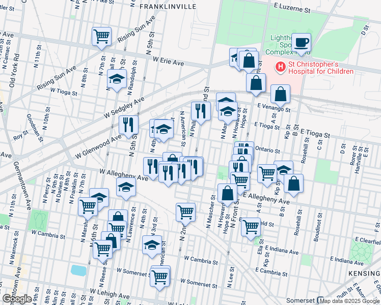 map of restaurants, bars, coffee shops, grocery stores, and more near 3323 North Philip Street in Philadelphia
