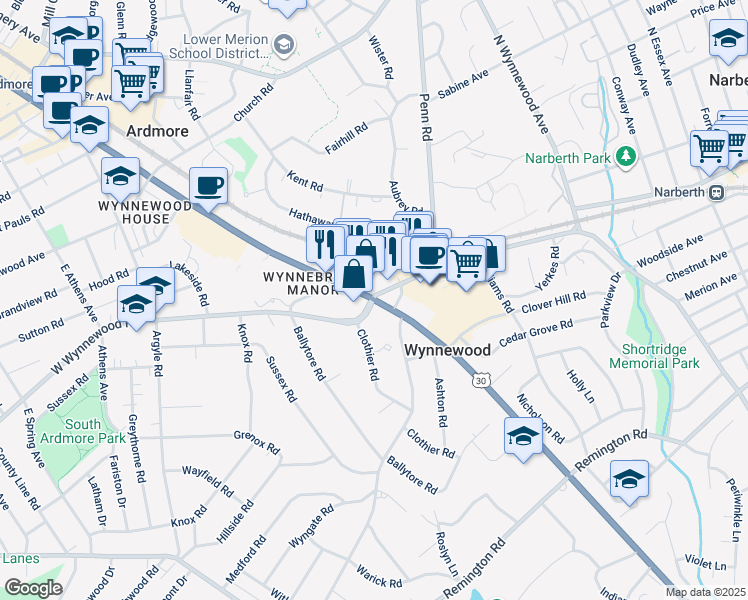 map of restaurants, bars, coffee shops, grocery stores, and more near 287 East Lancaster Avenue in Ardmore