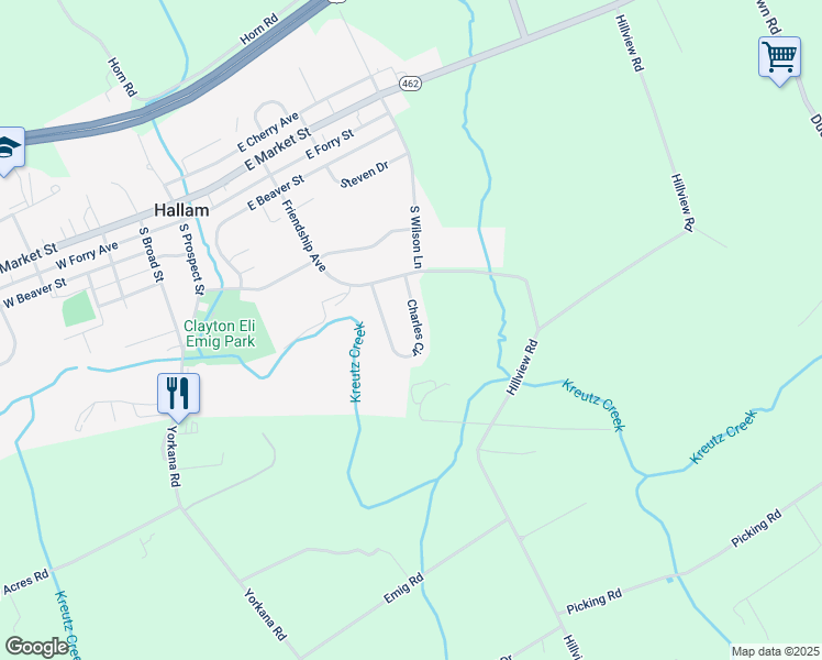 map of restaurants, bars, coffee shops, grocery stores, and more near 225 Charles Circle in Hallam
