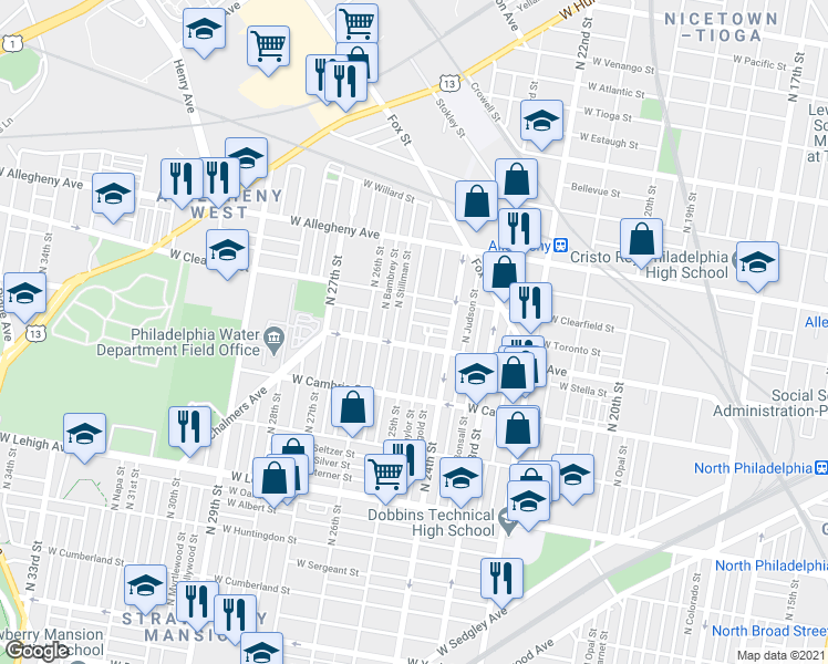 map of restaurants, bars, coffee shops, grocery stores, and more near 3015 North 25th Street in Philadelphia