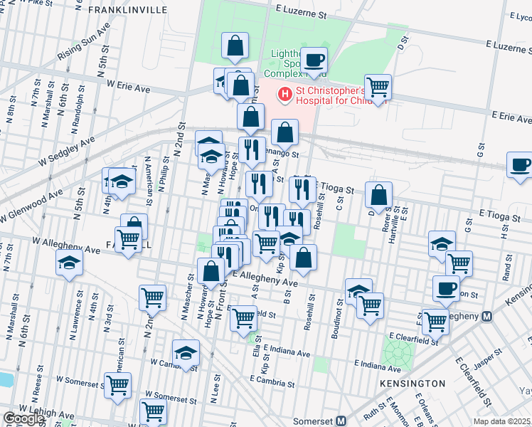 map of restaurants, bars, coffee shops, grocery stores, and more near 3358 A Street in Philadelphia