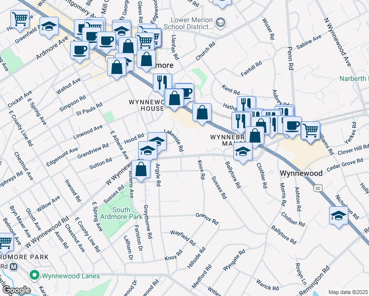 map of restaurants, bars, coffee shops, grocery stores, and more near 1219 West Wynnewood Road in Wynnewood