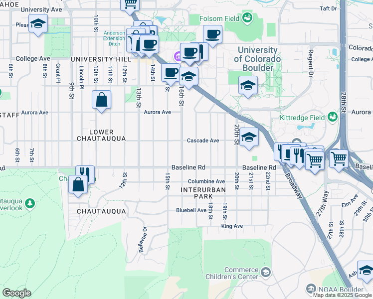 map of restaurants, bars, coffee shops, grocery stores, and more near 717 17th Street in Boulder