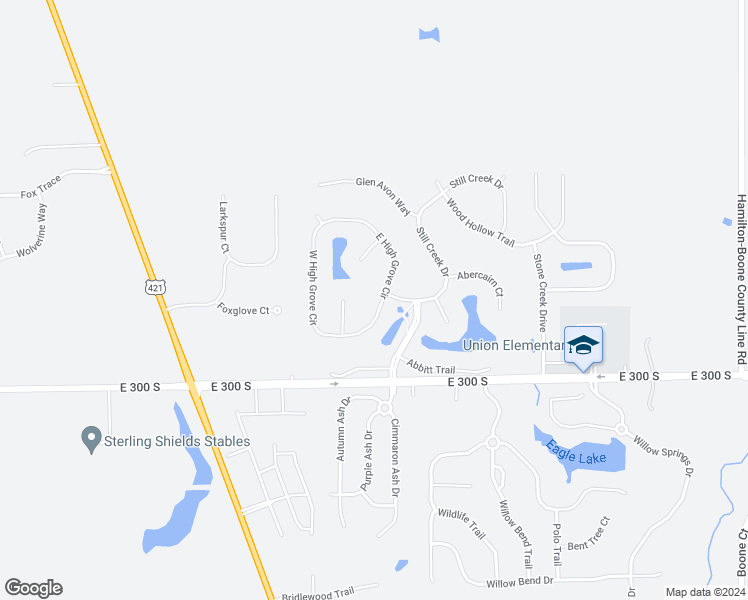 map of restaurants, bars, coffee shops, grocery stores, and more near 2802 East High Grove Circle in Zionsville