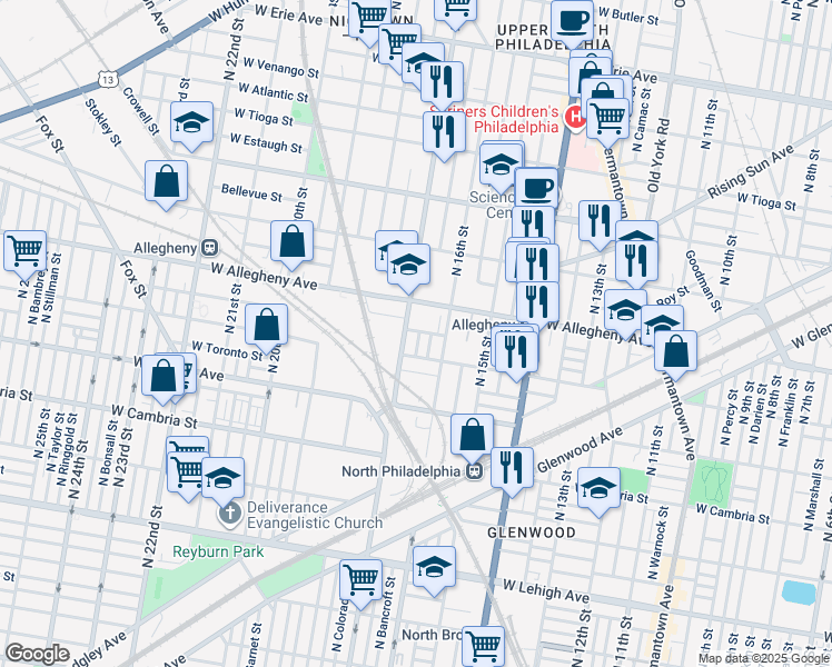 map of restaurants, bars, coffee shops, grocery stores, and more near 3130 North Chadwick Street in Philadelphia
