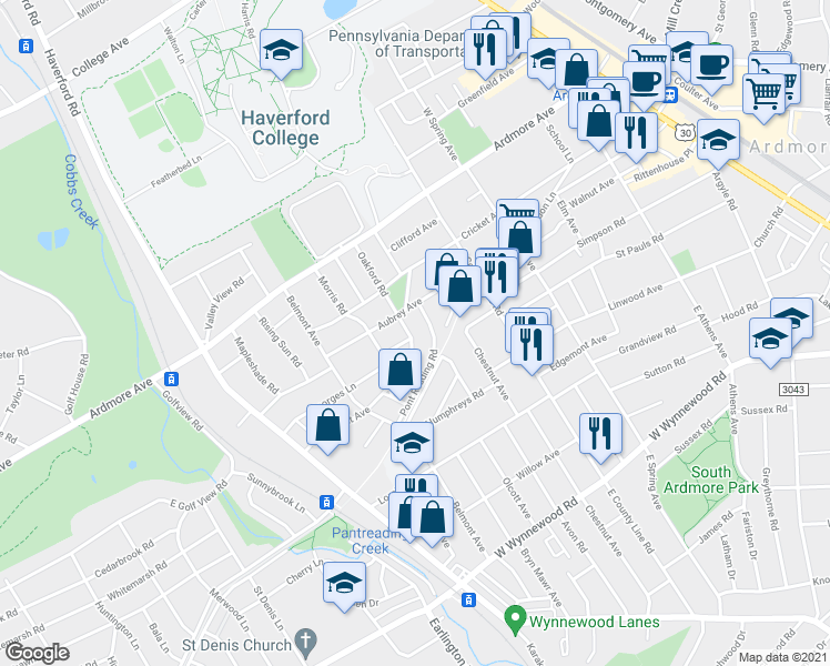 map of restaurants, bars, coffee shops, grocery stores, and more near 2801 Oakford Road in Ardmore